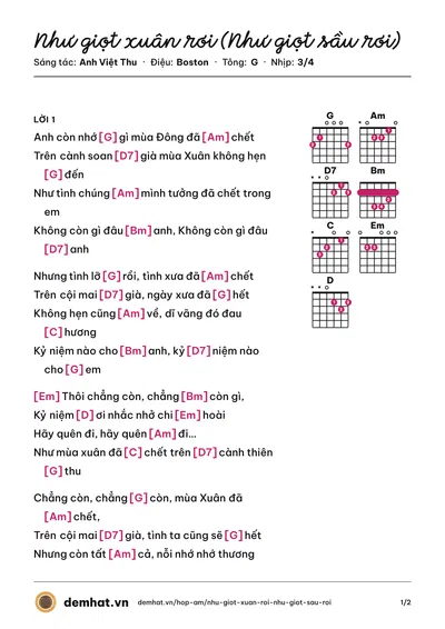Hợp âm Như giọt xuân rơi (Như giọt sầu rơi) (Chế Linh) – bản nhạc PDF trang 1, tông G