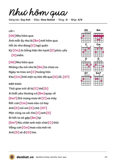 Hợp âm Như hôm qua (Ái Phương) – bản nhạc PDF trang 1, tông G