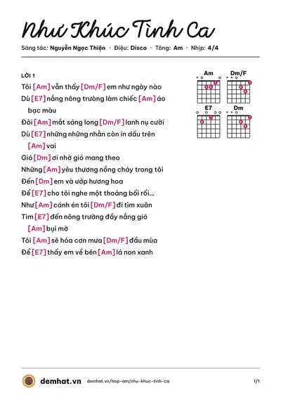 Hợp âm Như Khúc Tình Ca (Đan Trường) – bản nhạc PDF trang 1, tông Am