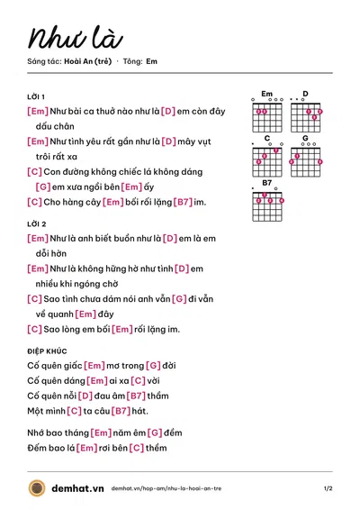 Hợp âm Như là (Hoài An (trẻ)) – bản nhạc PDF trang 1, tông Em