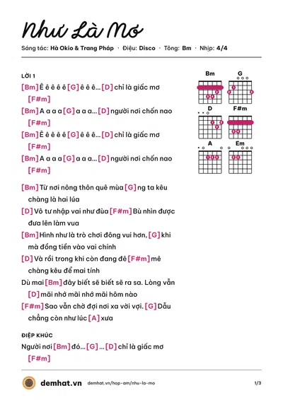 Hợp âm Như Là Mơ (Trang Pháp) – bản nhạc PDF trang 1, tông Bm