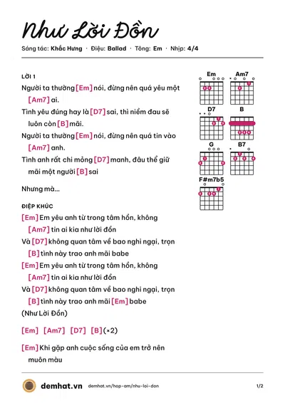 Hợp âm Như Lời Đồn (Bảo Anh) – bản nhạc PDF trang 1, tông Em