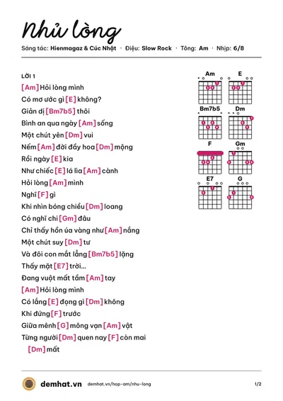 Hợp âm Nhủ lòng (Hienmagaz) – bản nhạc PDF trang 1, tông Am