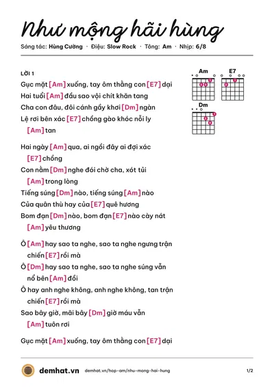 Hợp âm Như mộng hãi hùng (Hùng Cường (trước 75)) – bản nhạc PDF trang 1, tông Am