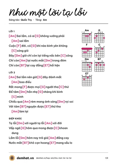 Hợp âm Như một lời tạ lỗi (Quốc Trụ) – bản nhạc PDF trang 1, tông Am