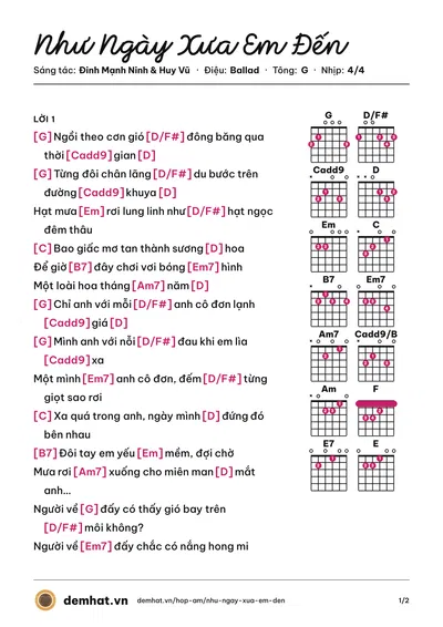 Hợp âm Như Ngày Xưa Em Đến (M4U Band) – bản nhạc PDF trang 1, tông G