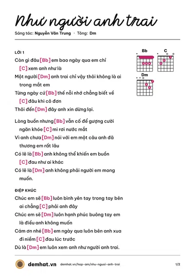 Hợp âm Như người anh trai (Nguyễn Văn Trung) – bản nhạc PDF trang 1, tông Dm