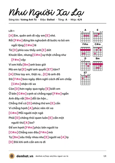 Hợp âm Như Người Xa Lạ (Vương Anh Tú) – bản nhạc PDF trang 1, tông A