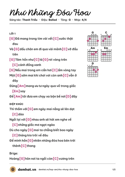Hợp âm Như Những Đóa Hoa (Thanh Triều) – bản nhạc PDF trang 1, tông G