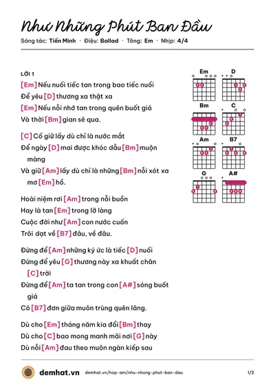 Hợp âm Như Những Phút Ban Đầu (Hoài Lâm) – bản nhạc PDF trang 1, tông Em