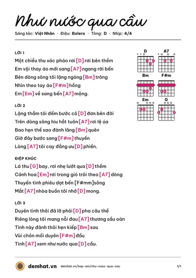 Hợp âm Như nước qua cầu (Việt Nhân) – bản nhạc PDF trang 1, tông D