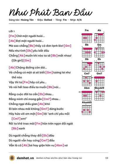 Hợp âm Như Phút Ban Đầu (Tiến Việt) – bản nhạc PDF trang 1, tông Fm