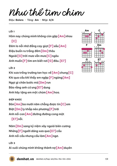 Hợp âm Như thể tìm chim – bản nhạc PDF trang 1, tông Am