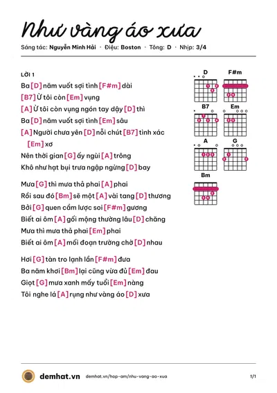 Hợp âm Như vàng áo xưa (Nguyễn Minh Hải) – bản nhạc PDF trang 1, tông D
