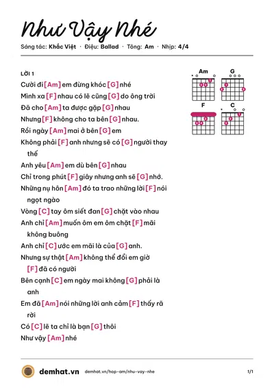Hợp âm Như Vậy Nhé (Khắc Việt) – bản nhạc PDF trang 1, tông Am