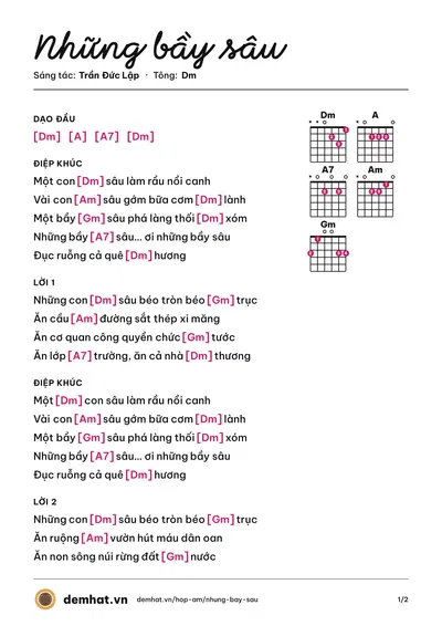 Hợp âm Những bầy sâu (Lâm Dung) – bản nhạc PDF trang 1, tông Dm