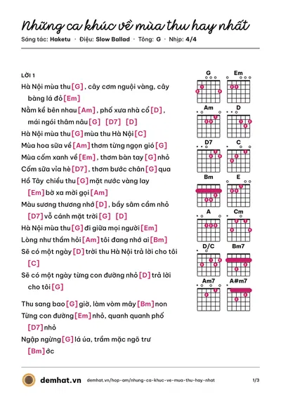 Hợp âm Những ca khúc về mùa thu hay nhất (Haketu) – bản nhạc PDF trang 1, tông G