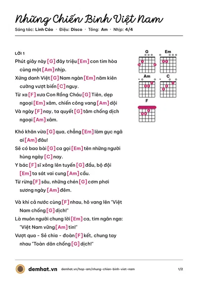 Hợp âm Những Chiến Binh Việt Nam (Linh Cáo) – bản nhạc PDF trang 1, tông Am
