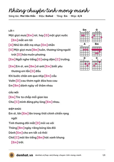 Hợp âm Những chuyện tình mong manh (Giang Tử (trước 75)) – bản nhạc PDF trang 1, tông Em
