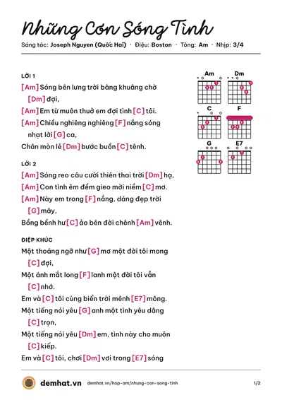 Hợp âm Những Cơn Sóng Tình (Lê Toàn) – bản nhạc PDF trang 1, tông Am