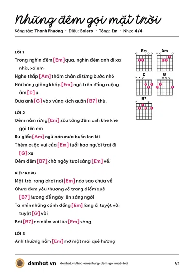 Hợp âm Những đêm gọi mặt trời (Giang Tử (trước 75)) – bản nhạc PDF trang 1, tông Em