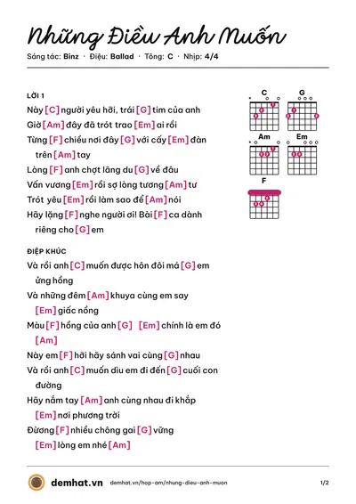Hợp âm Những Điều Anh Muốn (Binz) – bản nhạc PDF trang 1, tông C