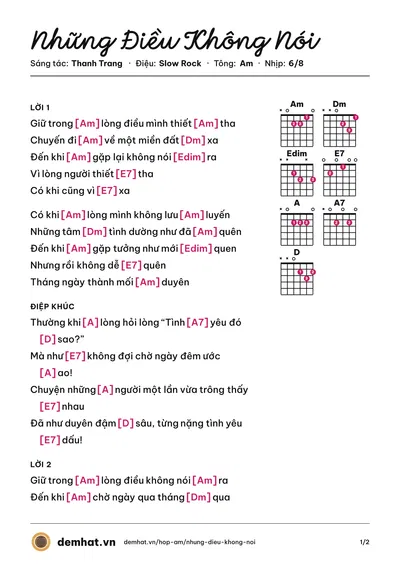 Hợp âm Những Điều Không Nói (Hồng Tước) – bản nhạc PDF trang 1, tông Am