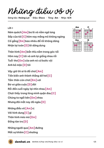 Hợp âm Những điều vô vị (Hoàng Lụt) – bản nhạc PDF trang 1, tông Am