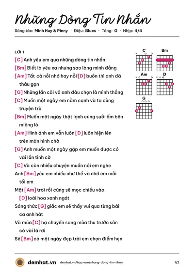 Hợp âm Những Dòng Tin Nhắn (Minh Huy) – bản nhạc PDF trang 1, tông G