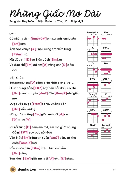 Hợp âm Những Giấc Mơ Dài (Mỹ Linh) – bản nhạc PDF trang 1, tông D