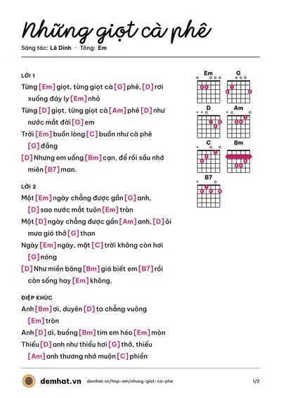 Hợp âm Những giọt cà phê (Minh Thảo) – bản nhạc PDF trang 1, tông Em