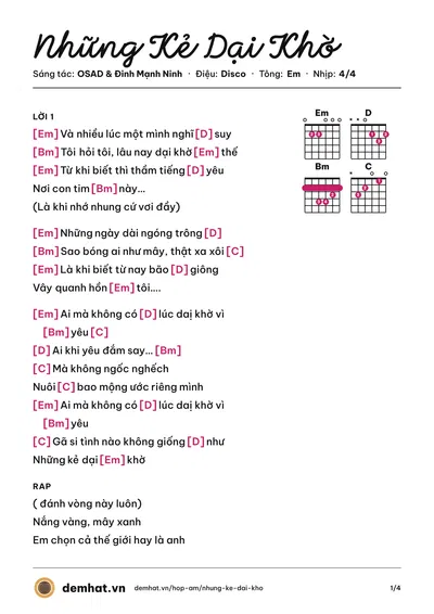 Hợp âm Những Kẻ Dại Khờ (Đinh Mạnh Ninh) – bản nhạc PDF trang 1, tông Em