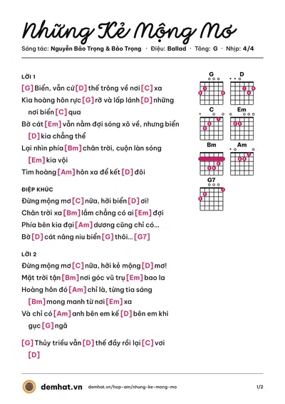 Hợp âm Những Kẻ Mộng Mơ (Noo Phước Thịnh) – bản nhạc PDF trang 1, tông G