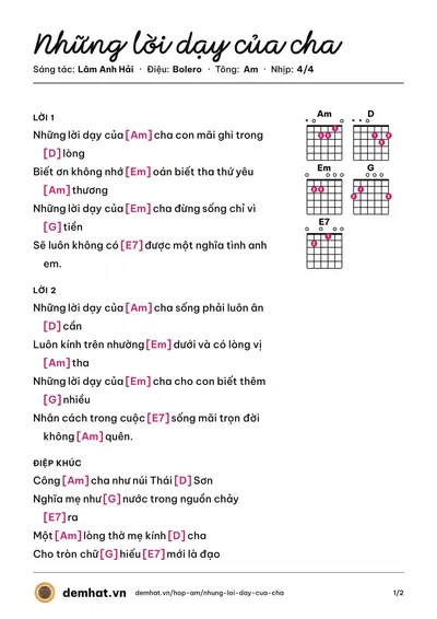 Hợp âm Những lời dạy của cha (Trường Sơn) – bản nhạc PDF trang 1, tông Am
