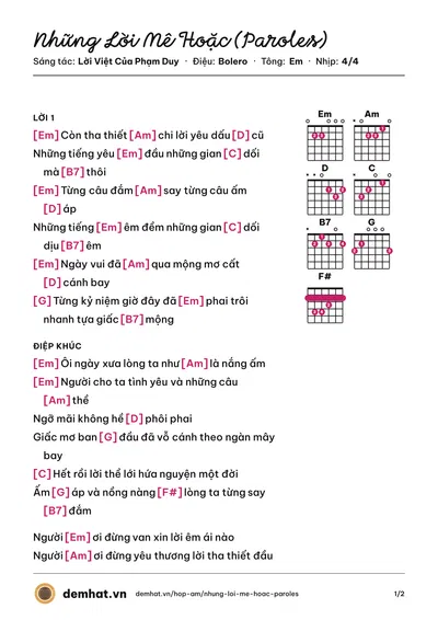 Hợp âm Những Lời Mê Hoặc (Paroles) (Quân Keyboard) – bản nhạc PDF trang 1, tông Em