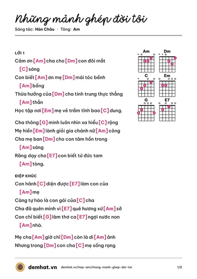 Hợp âm Những mảnh ghép đời tôi (Hàn Châu) – bản nhạc PDF trang 1, tông Am