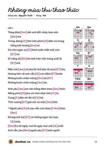 Hợp âm Những mùa thu thao thức (Quang Minh) – bản nhạc PDF trang 1, tông Am