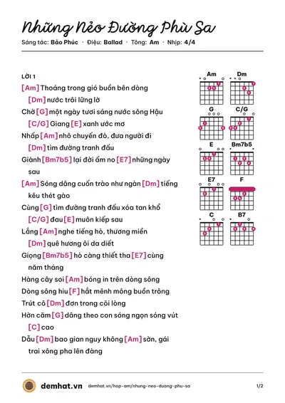 Hợp âm Những Nẻo Đường Phù Sa (Quang Linh) – bản nhạc PDF trang 1, tông Am