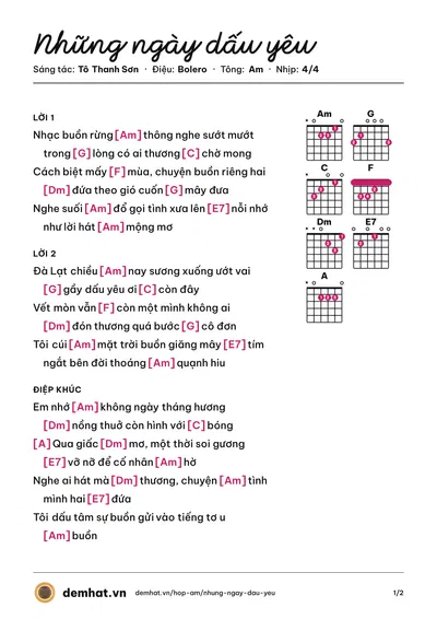 Hợp âm Những ngày dấu yêu (Tô Thanh Sơn) – bản nhạc PDF trang 1, tông Am