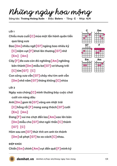 Hợp âm Những ngày hoa mộng (Hà Thanh (trước 75)) – bản nhạc PDF trang 1, tông C