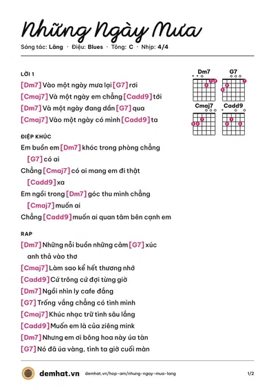 Hợp âm Những Ngày Mưa (Lãng) – bản nhạc PDF trang 1, tông C