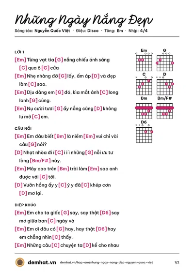Hợp âm Những Ngày Nắng Đẹp (Nguyễn Quốc Việt) – bản nhạc PDF trang 1, tông Em