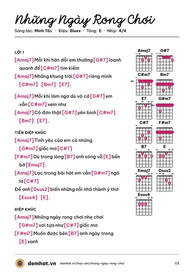 Hợp âm Những Ngày Rong Chơi (Lam) – bản nhạc PDF trang 1, tông E