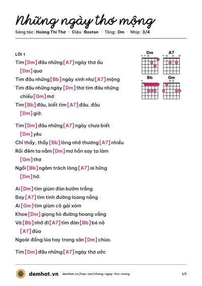 Hợp âm Những ngày thơ mộng (Khánh Ly) – bản nhạc PDF trang 1, tông Dm