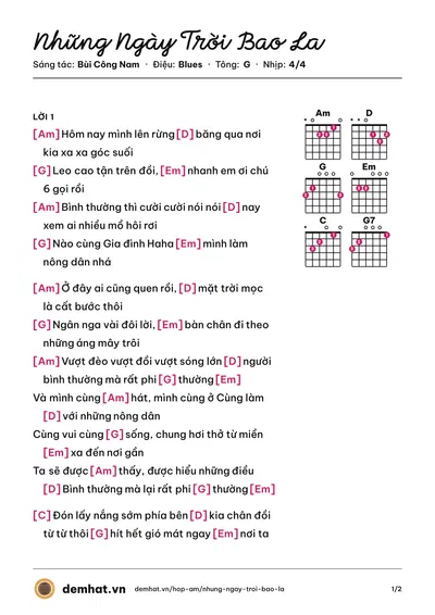 Hợp âm Những Ngày Trời Bao La (Bùi Công Nam) – bản nhạc PDF trang 1, tông G
