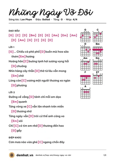 Hợp âm Những Ngày Vỡ Đôi (Đinh Uyên) – bản nhạc PDF trang 1, tông G