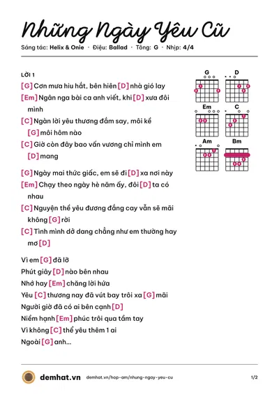 Hợp âm Những Ngày Yêu Cũ (Onie) – bản nhạc PDF trang 1, tông G