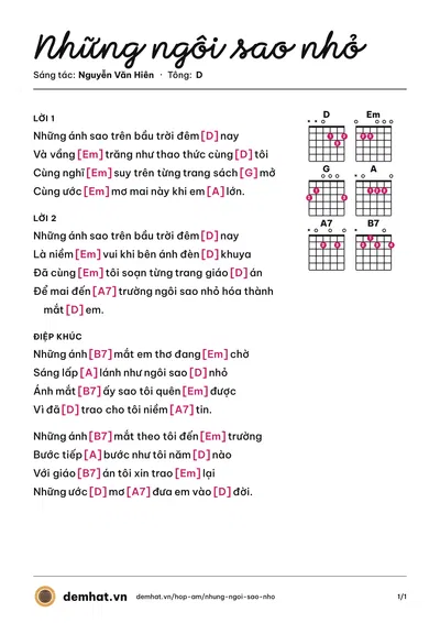 Hợp âm Những ngôi sao nhỏ (Nguyễn Văn Hiên) – bản nhạc PDF trang 1, tông D