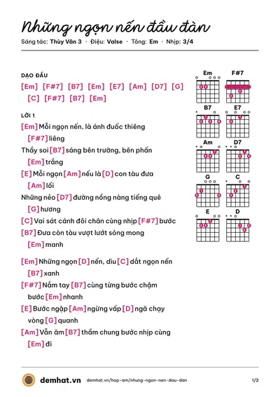 Hợp âm Những ngọn nến đầu đàn (Diệu Hiền) – bản nhạc PDF trang 1, tông Em