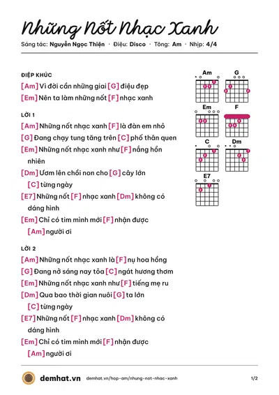 Hợp âm Những Nốt Nhạc Xanh (Mắt Ngọc) – bản nhạc PDF trang 1, tông Am